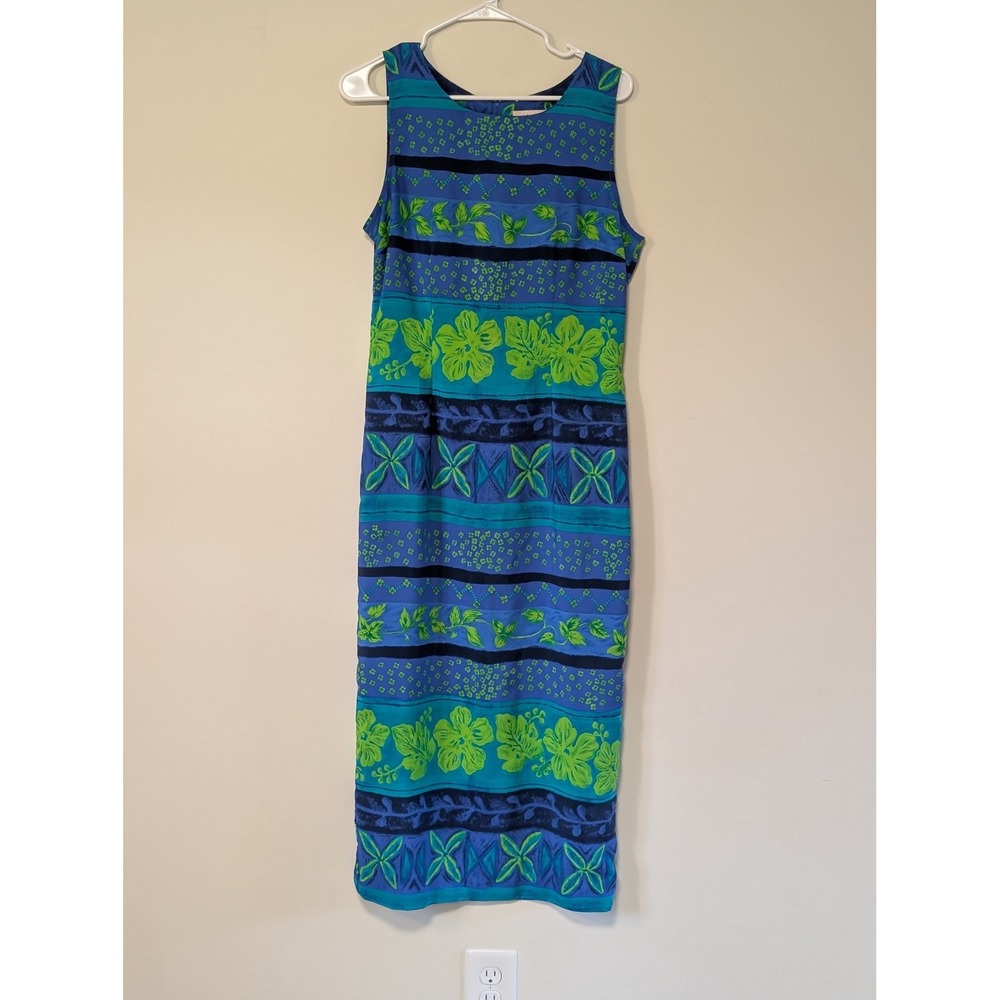 Kathie Lee Dress Women 10 Blue Green Floral Midi Dress Tropical Vacation Cruise